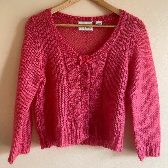 GUINEVERE Womans Large Mohair Cropped Cable Knit Long Sleeve V Neck Cardigan - Picture 12 of 12